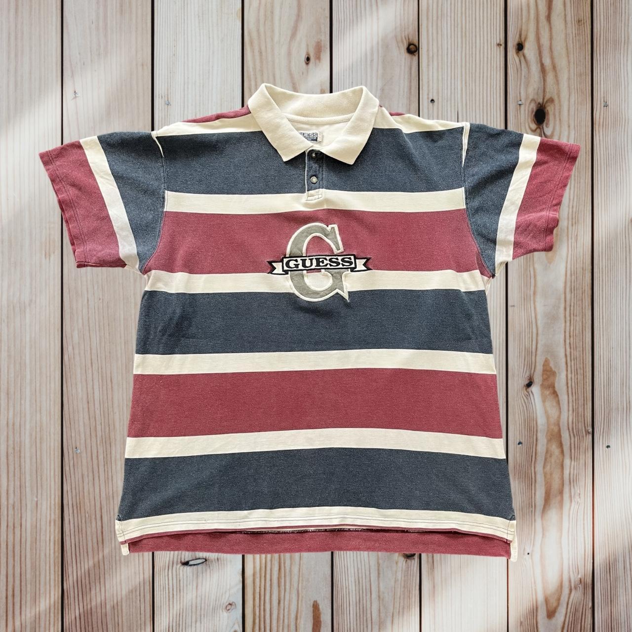 Vintage Guess Striped Polo Shirt Colourblock Spellout 90s