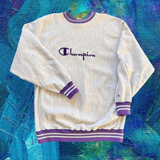 ◼️ Vintage 90s Champion Spellout Sweatshirt Striped Cuffs