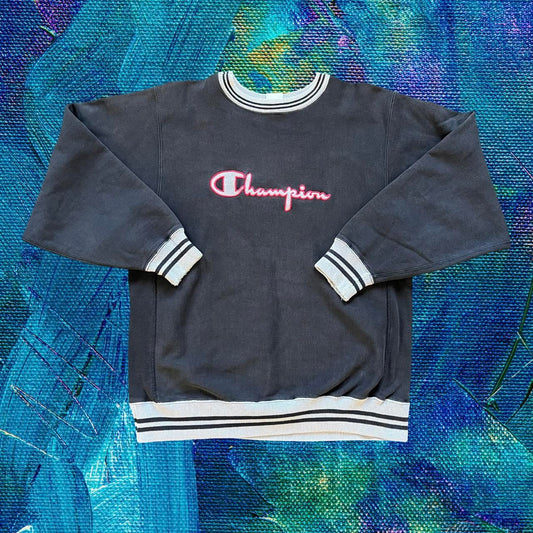 ◼️ Vintage 90s Champion Spellout Sweatshirt Striped Cuffs