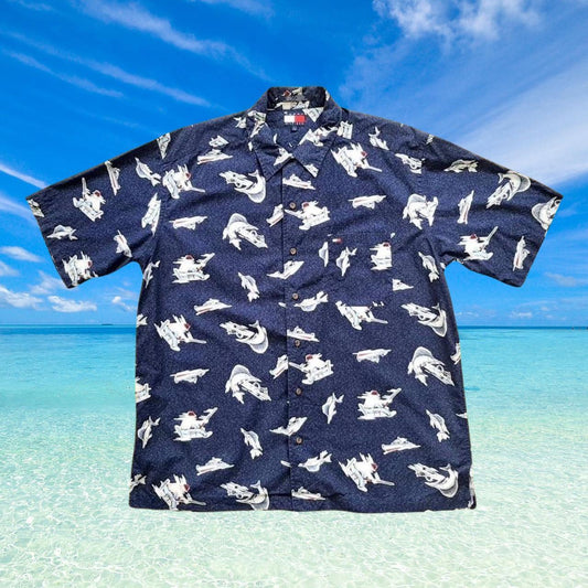 ◼️ Vintage Tommy Hilfiger All Over Print Fishing / Sailing Short Sleeve Shirt