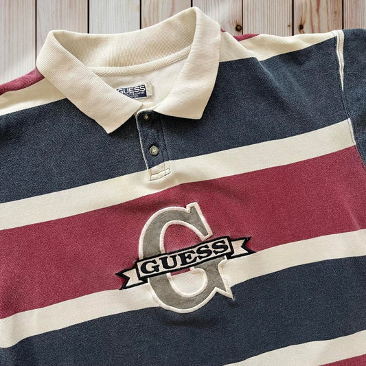 Vintage Guess Striped Polo Shirt Colourblock Spellout 90s