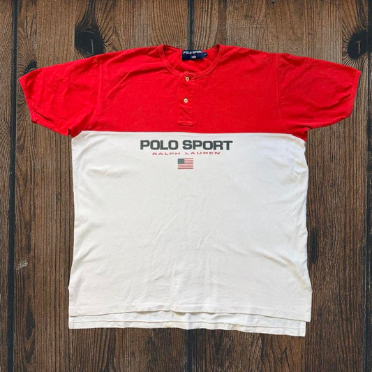 ◼️ Vintage Polo Sport Ralph Lauren Henley Spell Out T Shirt Tee